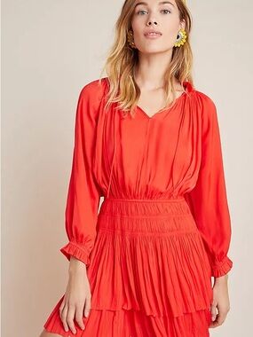 Joie Coral-Red V-Neck Long-Sleeve Tiered Blouse